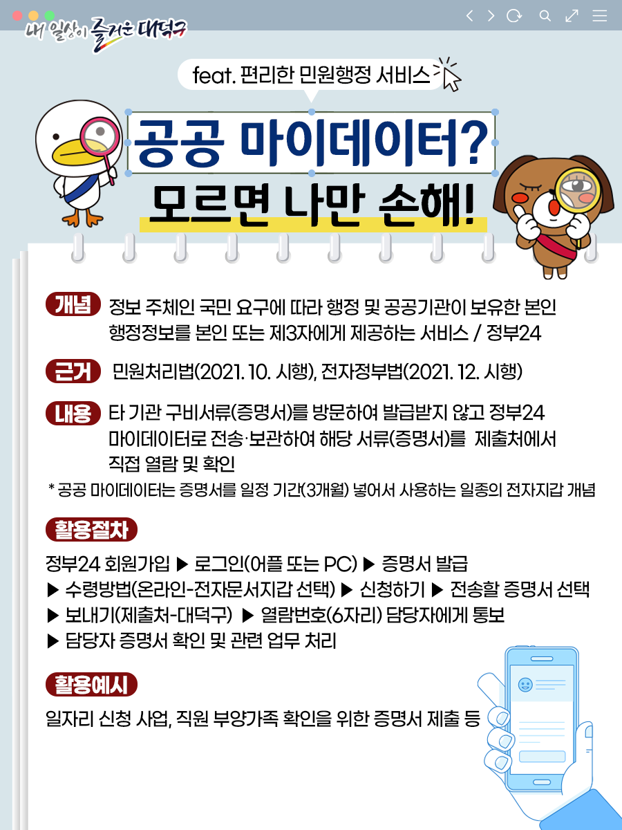 내 일상이 즐거운 대덕구
feat. 편리한민원행정 서비스
공공 마이데이터?
모르면 나만 손해!
개념 정보 주체인 국민 요구에 따라 행정 및 공공기관이 보유한 본인 행정정보를 본인 또는 제3자에게 제공하는 서비스/ 정부24
근거 민원처리법(2021. 10. 시행), 전자정부법(2021. 12. 시행)
내용 타기관 구비서류(증명서)를 방문하여 발급받지 않고 정부24 마이데이터로 전송·보관하여 해당 서류(증명서)를 제출처에서 직접 열람 및 확인
*공공 마이데이터는 증명서를 일정 기간(3개월) 넣어서 사용하는 일종의 전자지갑 개념
활용절차
정부24 회원가입 로그인(어플 또는 PC) ▶ 증명서 발급
·수령방법(온라인-전자문서지갑 선택)▶ 신청하기 ▶ 전송할 증명서 선택
보내기(제출처-대덕구)▶ 열람번호(6자리) 담당자에게 통보
？담당자 증명서 확인 및 관련 업무 처리
활용예시
일자리 신청 사업, 직원 부양가족 확인을 위한 증명서 제출 등